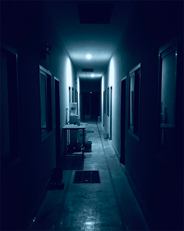 Campus corridor at night